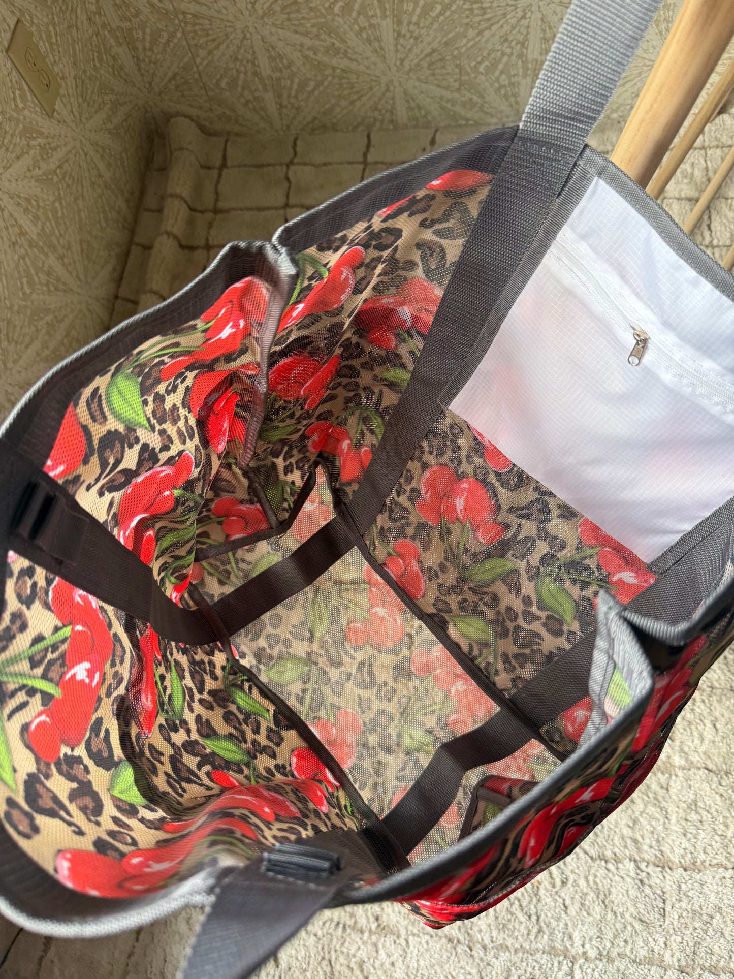 READY TO SHIP - CHEETAH MOUSE CHERRIES- JUMBO MESH BEACH BAG