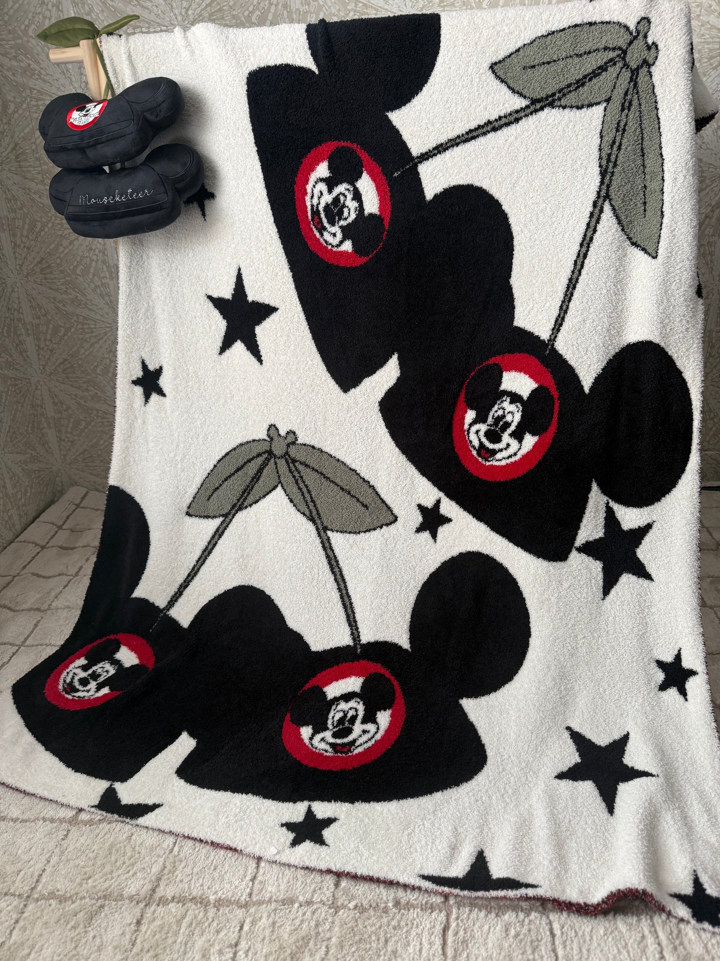 READY TO SHIP - MOUSEKETEER HAT CHERRYS -  KNITTED BLANKET 50x60"