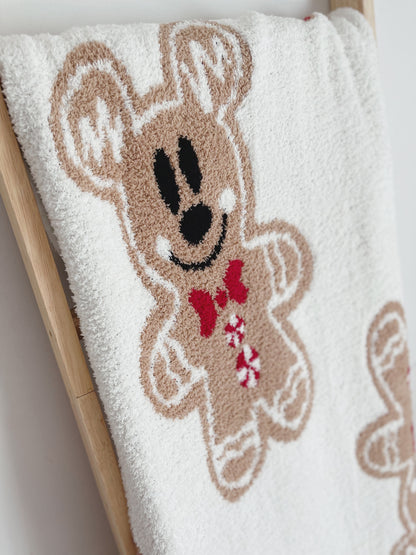 READY TO SHIP - GINGERBREAD MOUSE WHITE BACKGROUND -  KNITTED BLANKET