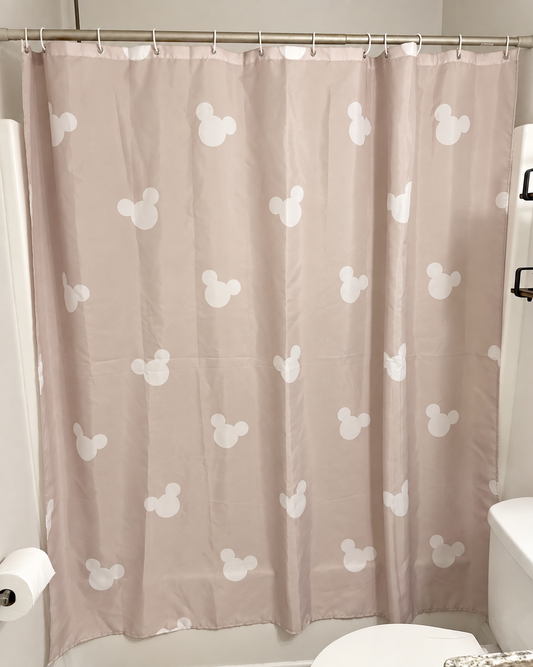 RTS-BEIGE WITH WHITE MOUSE HEADS  (Includes hooks) - SHOWER CURTAIN