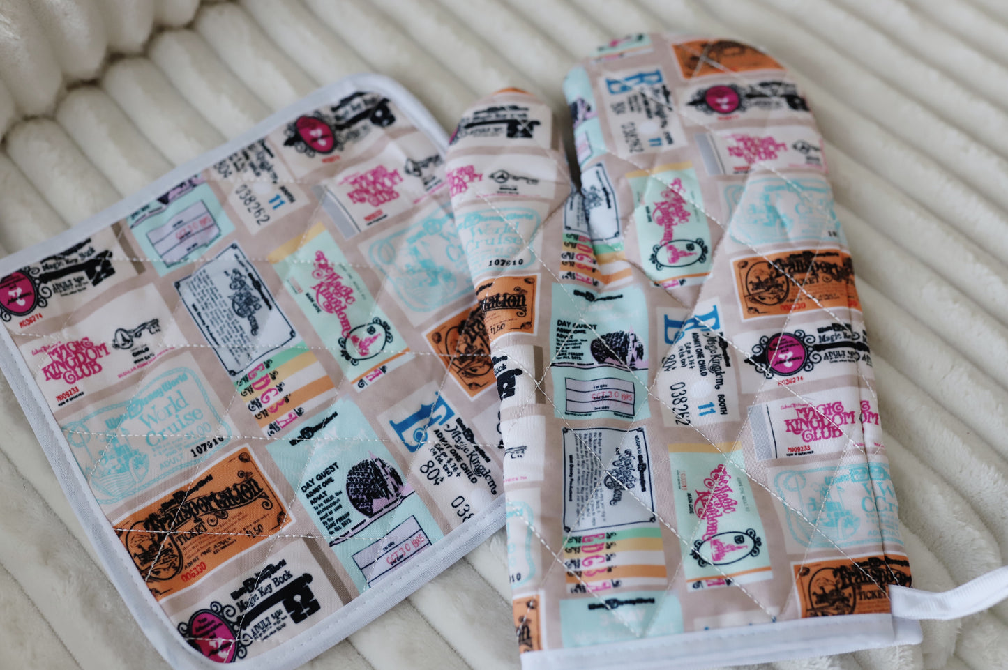 READY TO SHIP - WDW VINTAGE TICKET - OVEN MIT & POT HOLDER (SET OF 2)