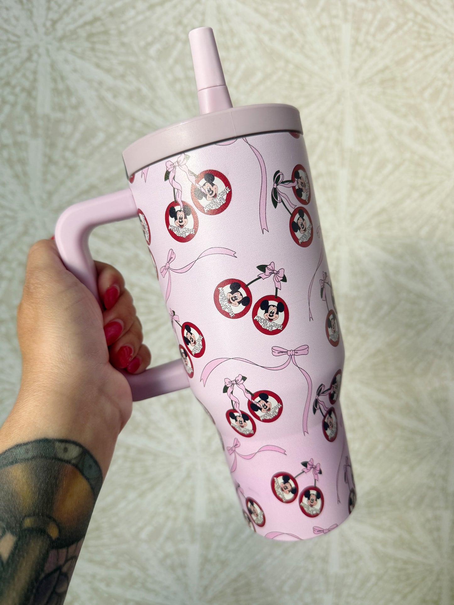 READY TO SHIP - GIRLY MOUSEKETEER CHERRYS WITH BOWS - STAINLESS STEEL INSULATED TUMBLER 32oz