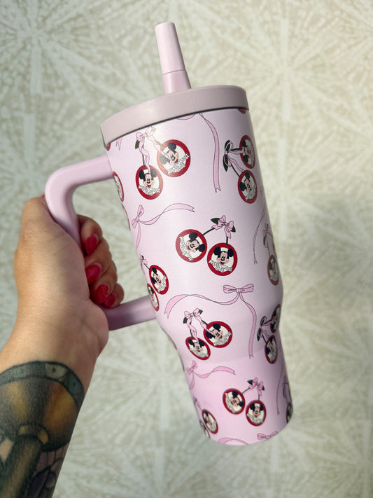 READY TO SHIP - GIRLY MOUSEKETEER CHERRYS WITH BOWS - STAINLESS STEEL INSULATED TUMBLER 32oz