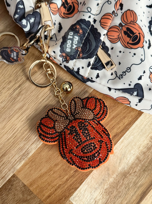 READY TO SHIP - RHINESTONE PUMPKIN GIRL - BAG CHARM/KEYCHAIN